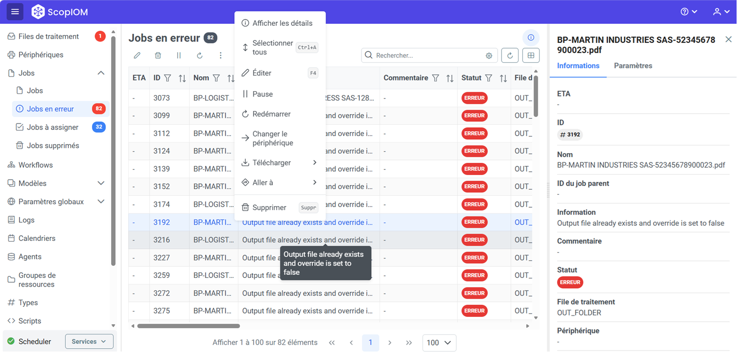 Interface ScopIOM v6.0 : supervision des jobs en erreur