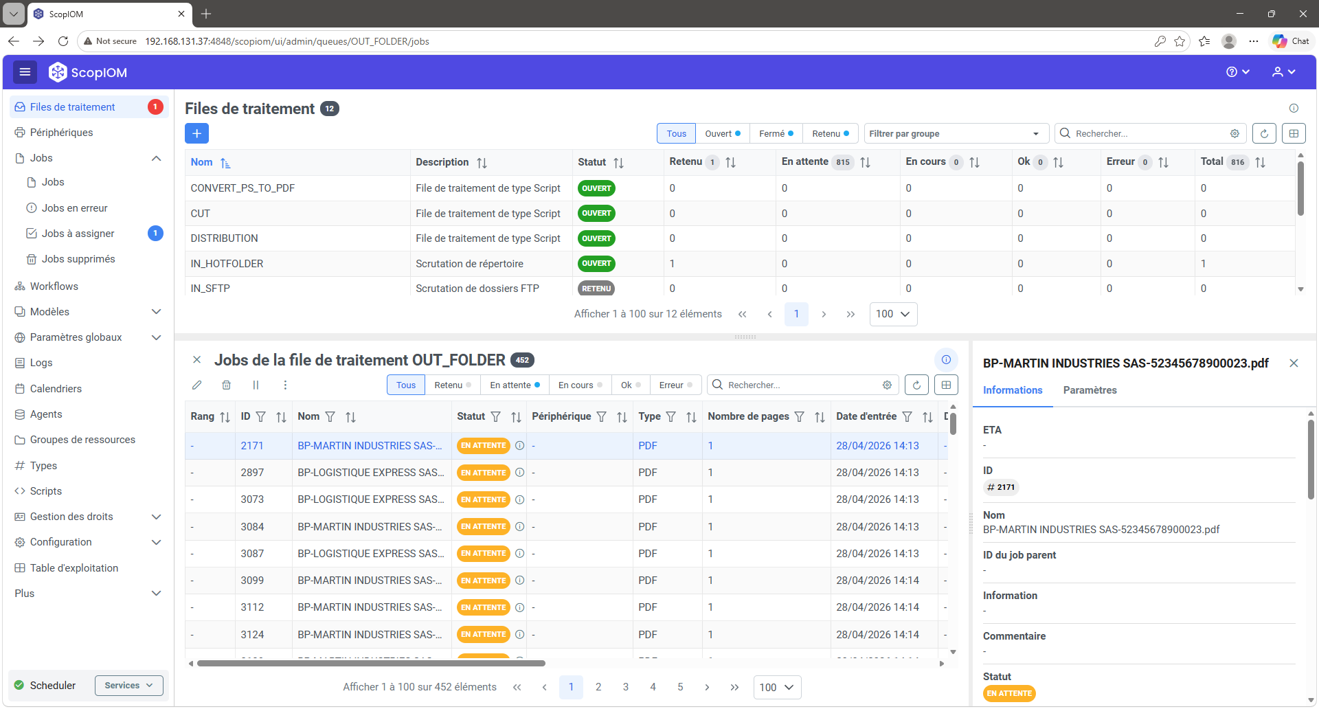 Interface ScopIOM v6.0, supervision des files de traitement